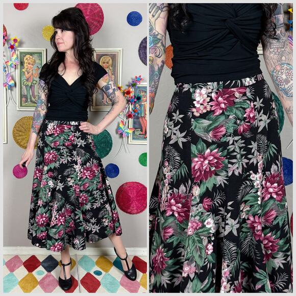 Vintage Dresses & Skirts - Vintage 1980s Black Garden Floral Trumpet Midi Skirt